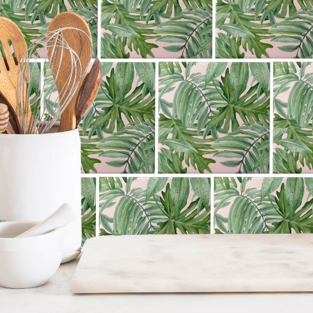 Azulejo Floral tropical de hojas de palmera rosadas simple (Trendy Tropical Pink Paradise Palm Leaves Pattern Ceramic Tile)