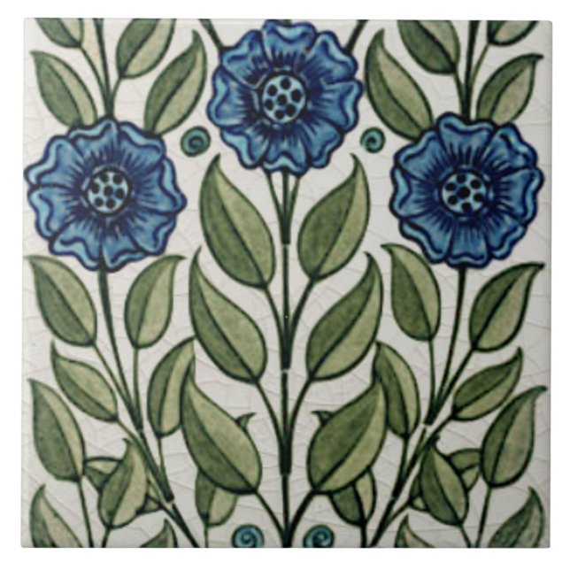 Azulejo Floral verde azul Repro Antique De Morgan (Frente)