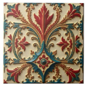Azulejo Floral verde azulada, crimson y dorada