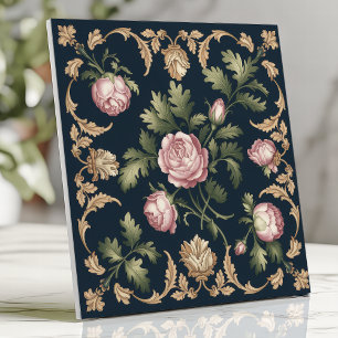 Azulejo Floral Victoriano Damasco Rosas Rosadas Navy Antig