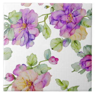 Azulejo Florales elegantes de acuarela en rosa y morado