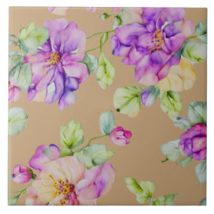 Azulejo Florales elegantes de acuarela púrpura rosa