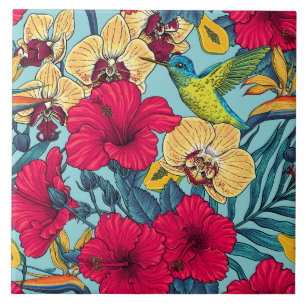 Azulejo Florales Tropicales y Colibrí - Botanica de Verano