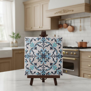 Azulejo Floreado Damasco Antiguo Turquesa Azul Mediterráne