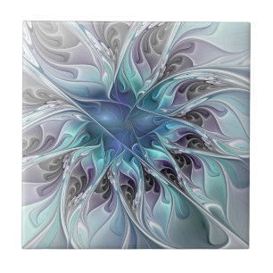 Azulejo Florecer Abstracto Moderno Floral Fractal Con Azul