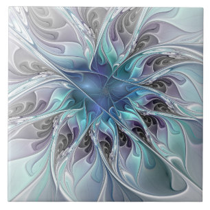Azulejo Florecer Abstracto Moderno Floral Fractal Con Azul