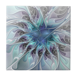 Azulejo Florecer Abstracto Moderno Floral Fractal Con Azul