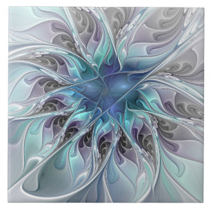 Azulejo Florecer Abstracto Moderno Floral Fractal Con Azul