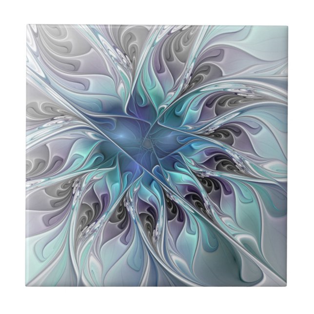 Azulejo Florecer abstracto moderno fractal flor con azul (Frente)