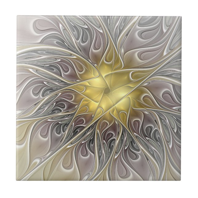Azulejo Florecer con flor fractal abstracta moderna dorada (Frente)