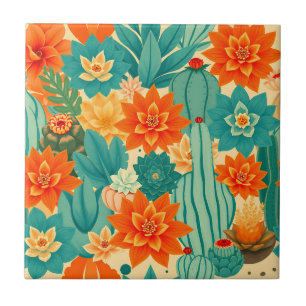 Azulejo Florecer de Cactus del Desierto Naranja Verde Acuá