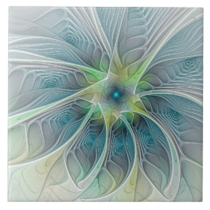 Azulejo Florecer Fantasía Moderno Azul Verde Flor Fractal