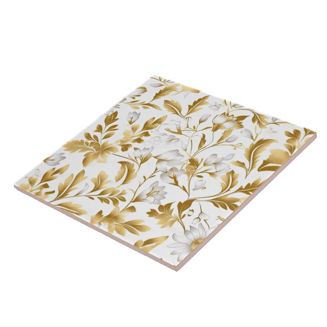Azulejo Floreciente rama floral de oro en fondo blanco (Lado)