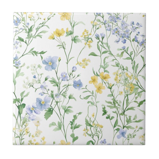 Azulejo Florecilla silvestre de acuarela azul (Frente)