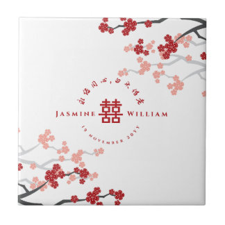 Azulejo Florecimiento de cerezo rojo doble regalo Boda chi