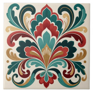 Azulejo Florecimiento Ornamental Elegante Turquesa-Rojo