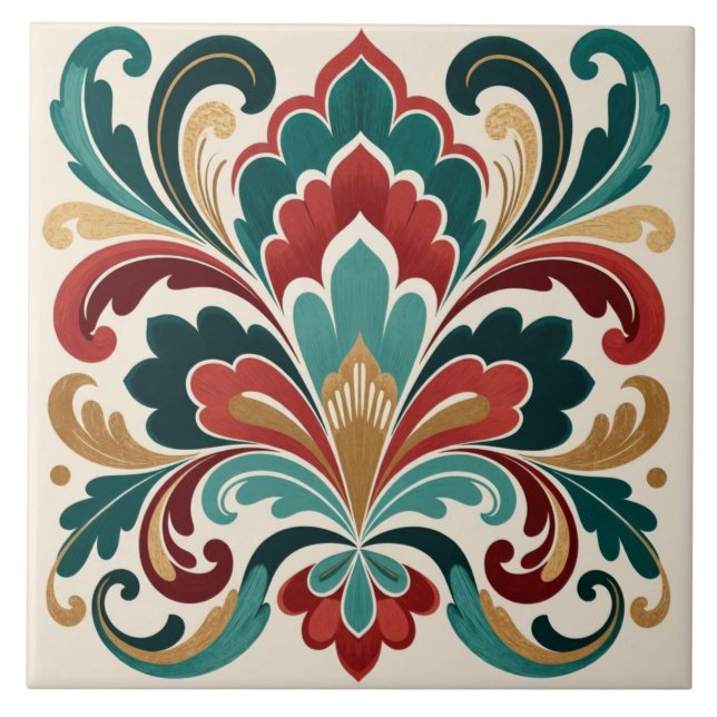 Azulejo Florecimiento Ornamental Elegante Turquesa-Rojo (Frente)