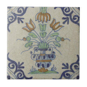 Azulejo Florero Antiguo de Delft con Tulipanes Holandeses: