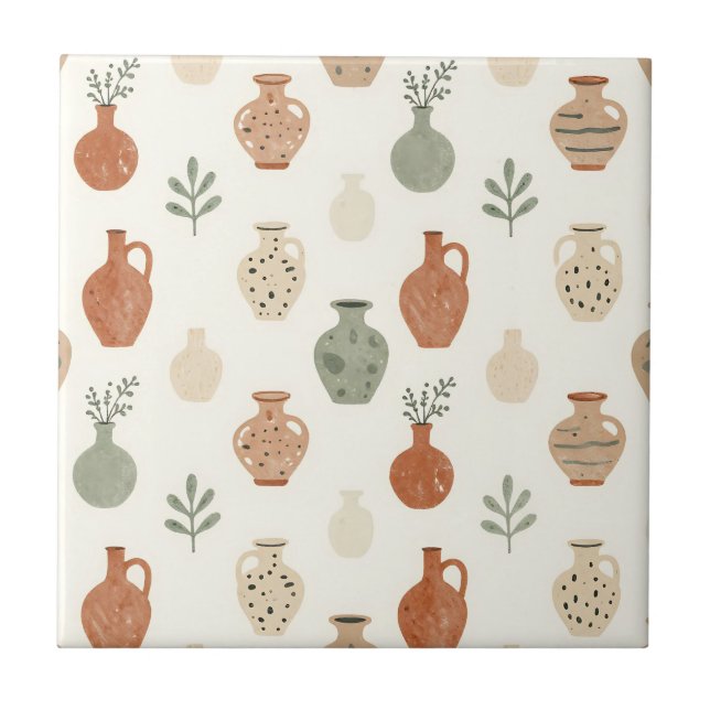 Azulejo Floreros de Terracota Boho con Patrón Botánico (Frente)