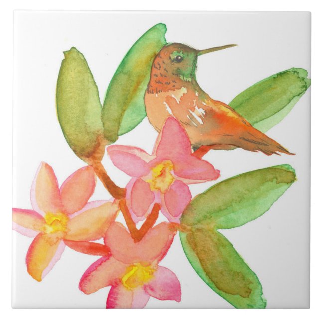 Azulejo Flores acuáticas de Plumeria Hummingbird (Frente)
