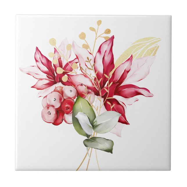 Azulejo Flores acuáticas de poinsettia roja feriado de inv (Frente)