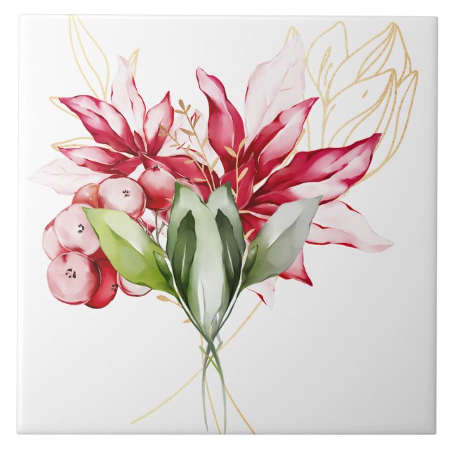 Azulejo Flores acuáticas de poinsettia roja feriado de inv (Frente)