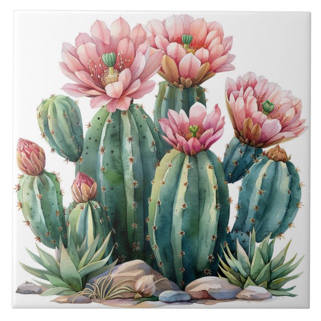 Azulejo Flores acuáticas del desierto cactus. (Frente)