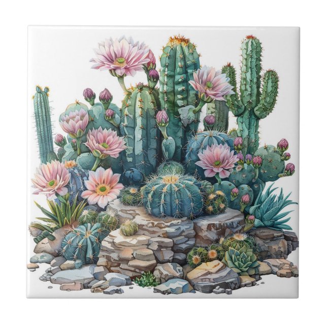 Azulejo Flores acuáticas del desierto cactus. (Frente)
