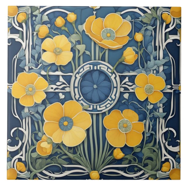 Azulejo Flores amarillas Art Nouveau Floral azul (Frente)