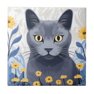 Azulejo Flores amarillas de gato azul ruso