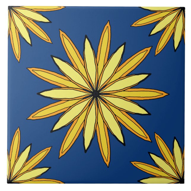 Azulejo Flores amarillas en un fondo azul marino (Frente)