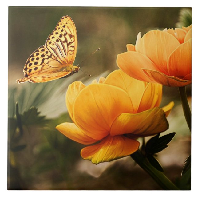 Azulejo Flores amarillas profundas brillantes con mariposa (Frente)