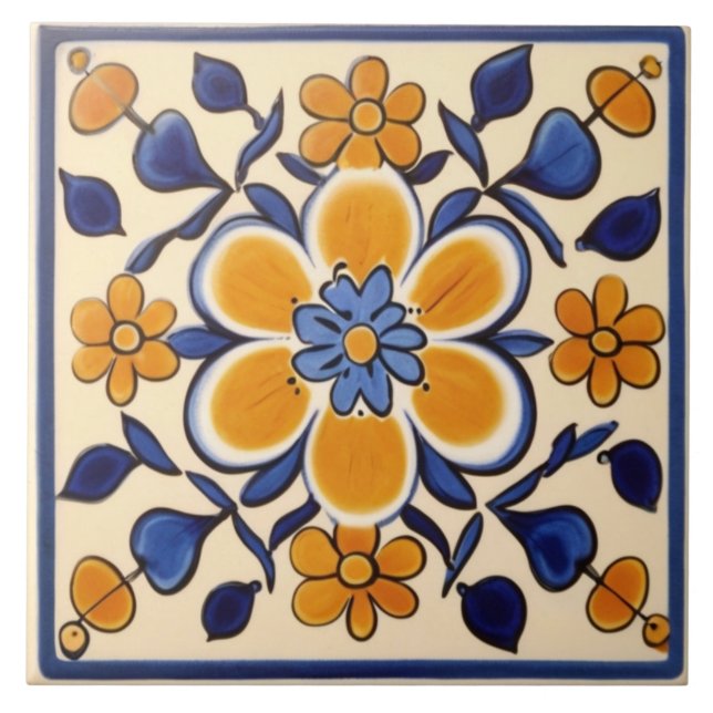Azulejo Flores amarillas y azules oscuras de flores medite (Frente)