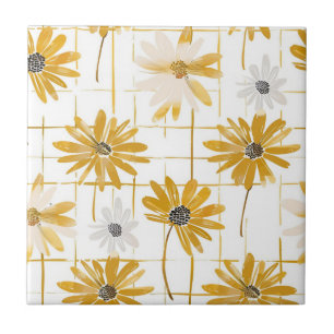 Azulejo Flores amarillas y blancas - Platos dorados con an