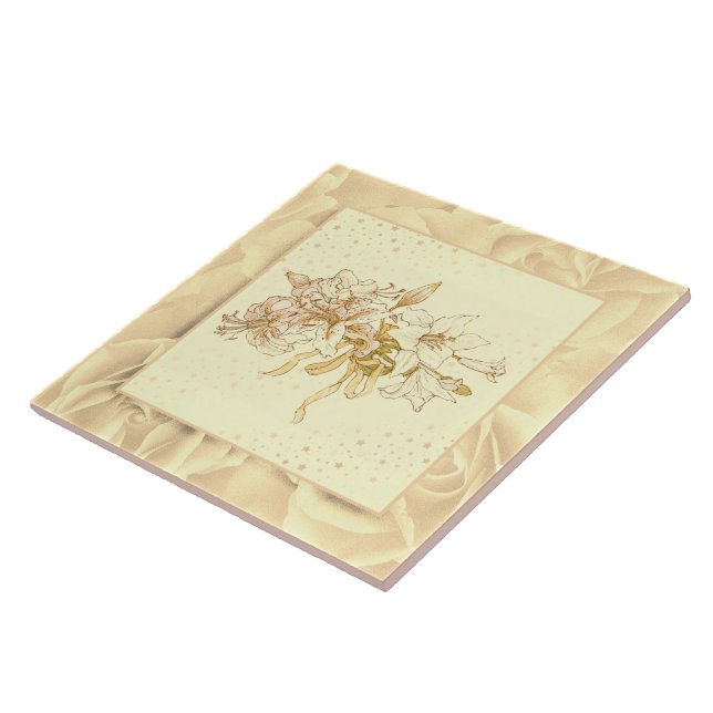 Azulejo Flores amarillas y verdes rosas de Rubor antiguas (Lado)