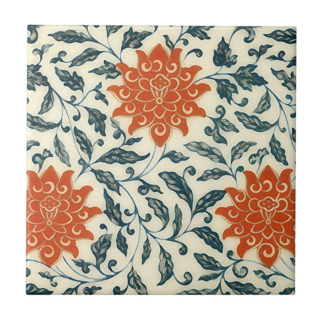 Azulejo flores anaranjadas - tronco azul - modelo chino (Frente)