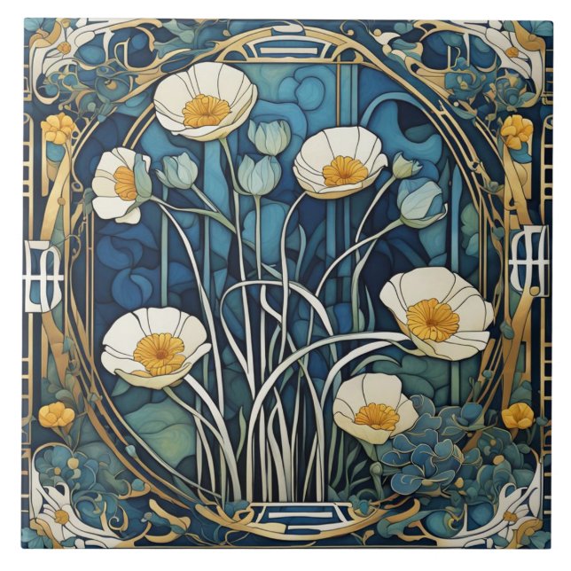 Azulejo Flores anemónicas Art Nouveau Floral azul (Frente)