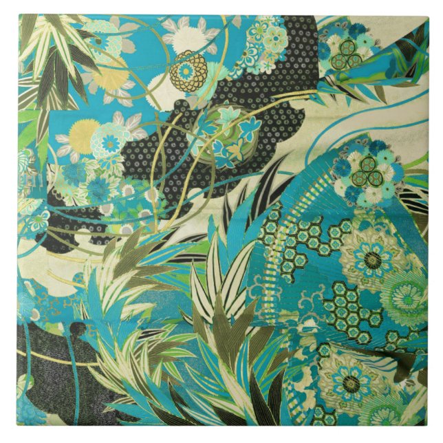 Azulejo FLORES ANTIGUOS JAPONESES Aqua Blue Green Floral (Frente)