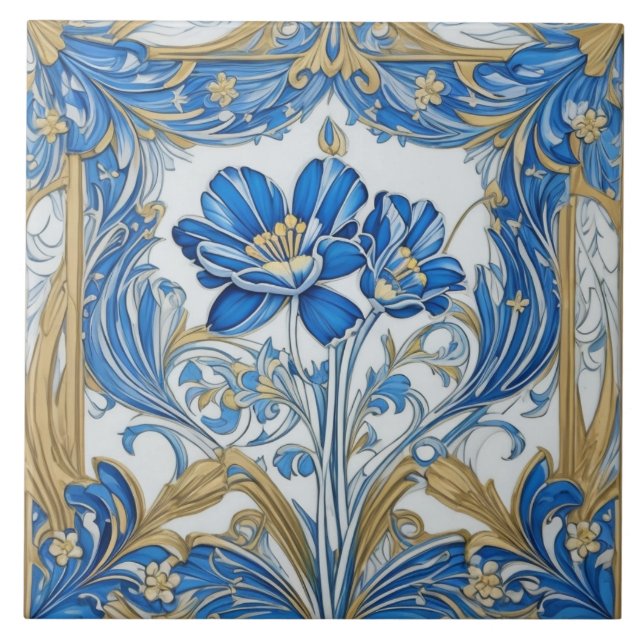 Azulejo Flores Art Decó Oro floral Art Nouveau y Azul (Frente)