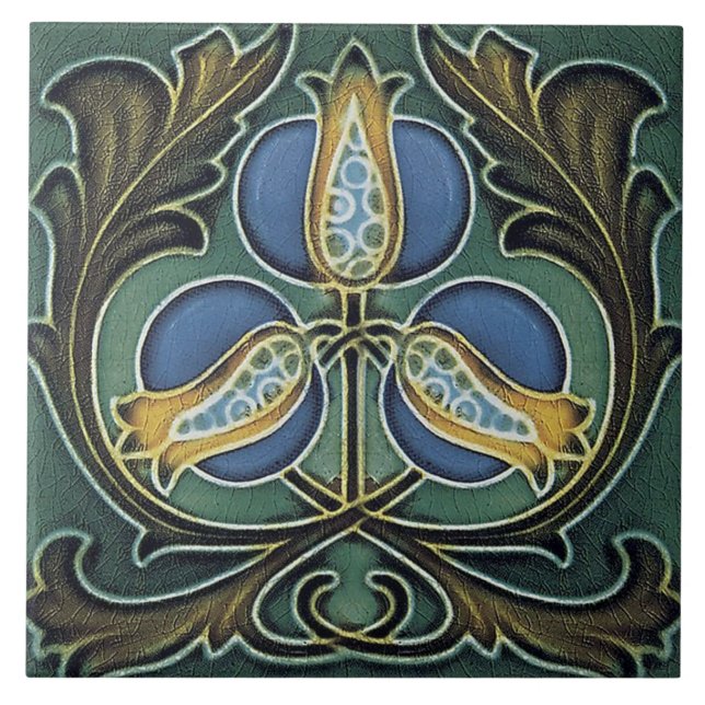 Azulejo - Flores Art Nouveau Azul Amarillo (Frente)