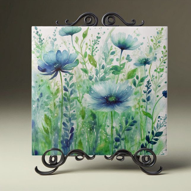 Azulejo Flores azul acuarela y follaje verde (Subido por el creador)
