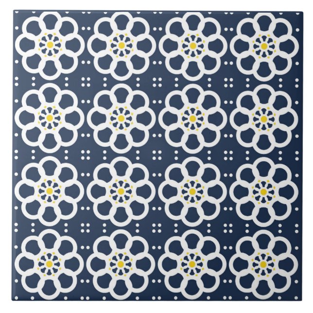 Azulejo Flores, azul marino, blanco, acentos amarillos, pu (Frente)