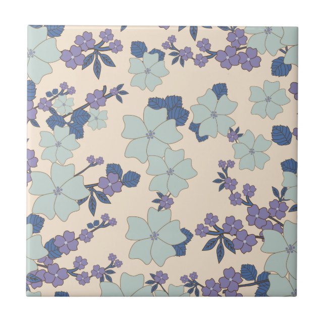 Azulejo Flores azules, flores moradas, patrón floral (Frente)