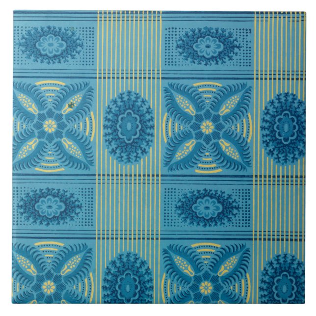 Azulejo Flores azules rayas amarillas arte vintage (Frente)