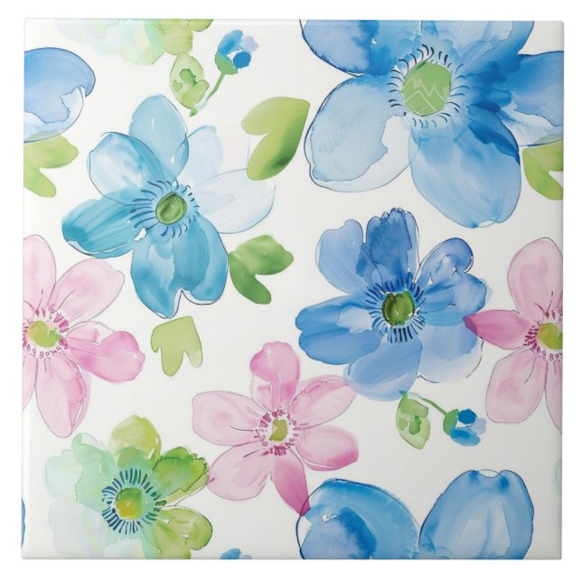 Azulejo Flores Azules Rosadas Elegantes (Frente)