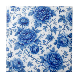Azulejo Flores Azules Rosas Peonías Blancas Cobalto