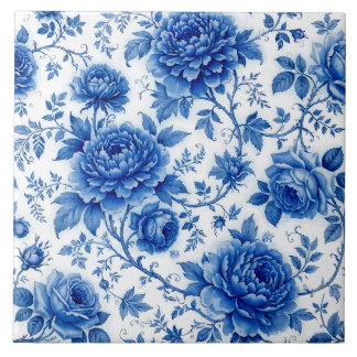 Azulejo Flores Azules Rosas Peonías Blancas Cobalto