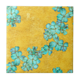 Azulejo Flores azules sobre fondo amarillo