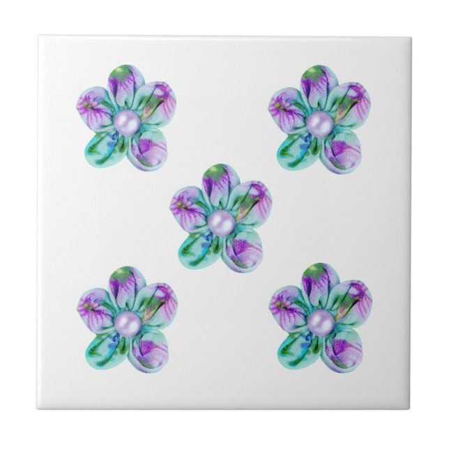 Azulejo Flores azules, violetas y verdes para la cocina (Frente)