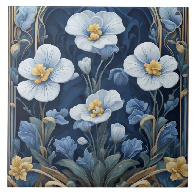 Azulejo Flores azules y blancas Art Decó Art Nouveau Flora (Frente)